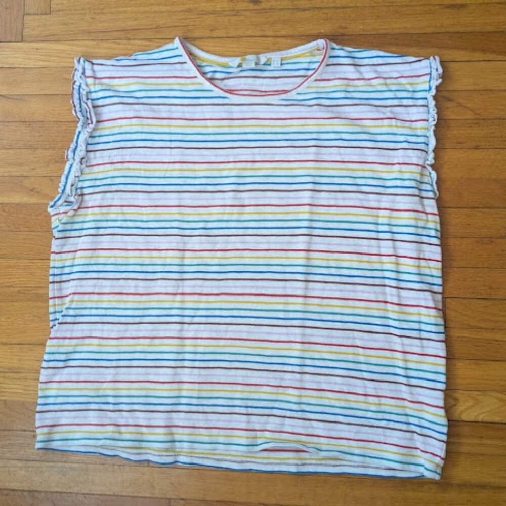 BODEN Women Sz 10 Tee Shirt Sleeveless Rainbow Stripe Lettuce Edged 100% Cotton